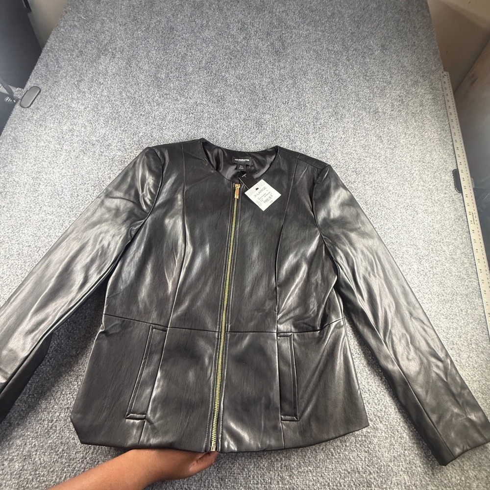 Liz Claiborne Career Black Faux Leather Collarless Zip Jacket XL NEW